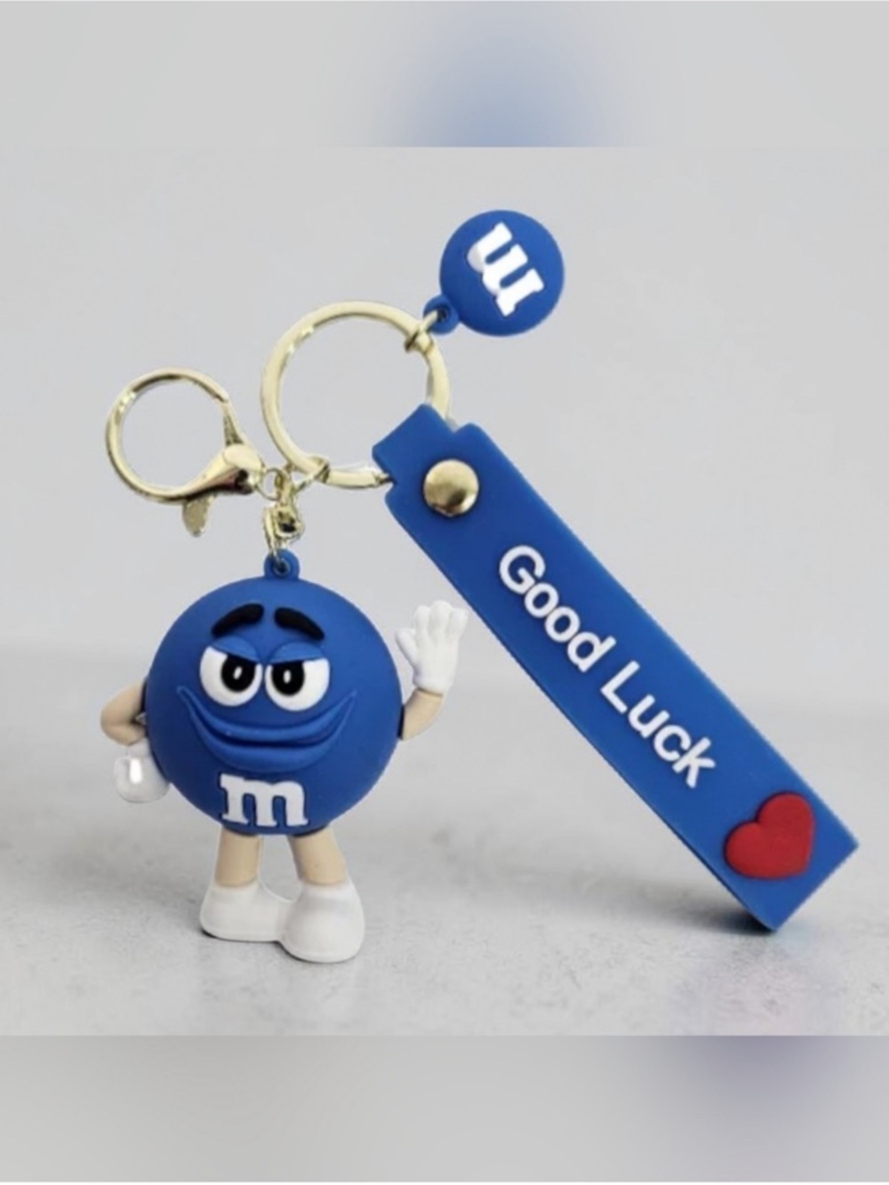 M&M'S Blue Character Keychain with 'Good Luck' Strap